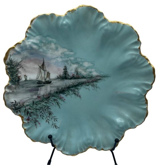 VTG Limoges AL Depose Porcelain Plate Teal Scallop Sailboats Gold Trim 9" - Picture 1 of 7